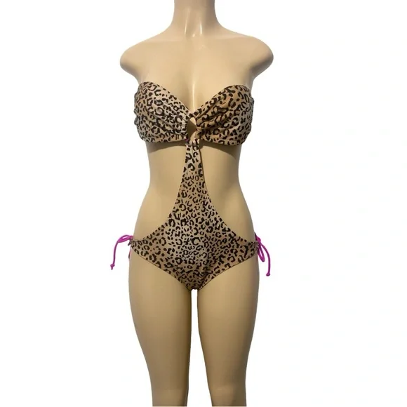 Leopard Animal Print Strapless One Piece Side Cutout Beige Adjustable Swimsuit - Picture 2 of 9